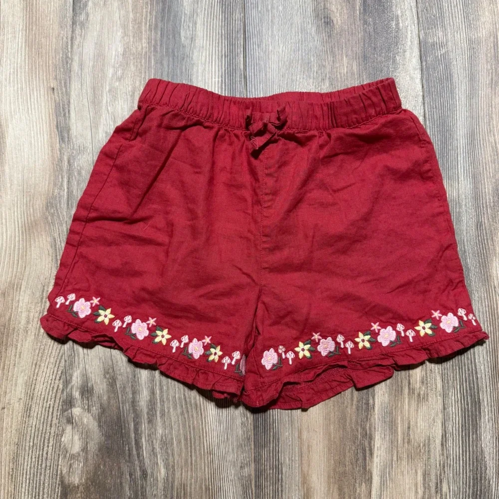 Gymboree Girls Red Linen Blend Floral Embroidered Ruffle Hem Shorts Size 10